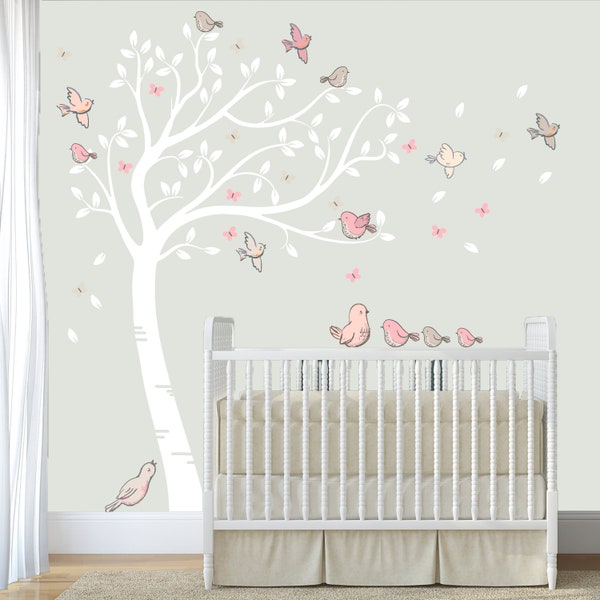 Luxury Full Sized Pastel Water Coloured Playful Family Of Birds and Butterflies. Nursery Room Wall Art Decal Sticker.