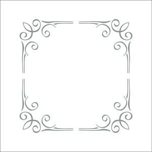 May include: A square frame design composed of four separate corner pieces. Each corner features a symmetrical gray scrollwork pattern with curved lines and pointed accents, creating an open border effect against a plain white background.