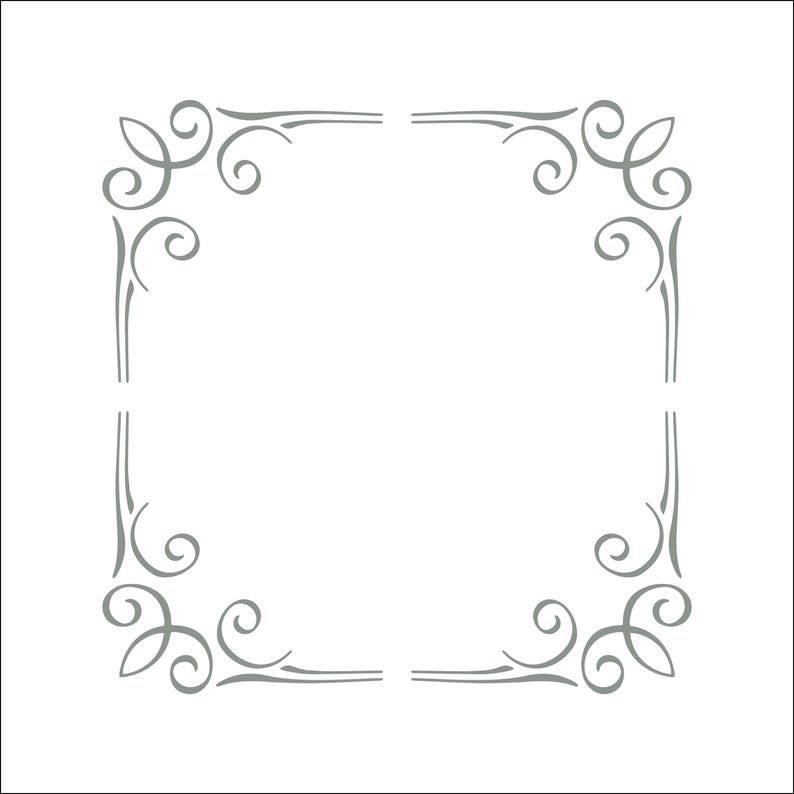 May include: A square frame design composed of four separate corner pieces. Each corner features a symmetrical gray scrollwork pattern with curved lines and pointed accents, creating an open border effect against a plain white background.