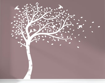 Large Sweeping Autumn Tree with Leaves and birds. Custom Vinyl Matte Wall Art Decal Sticker. Colour Options Available.