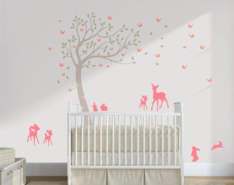 Medium Size Customisable Baby Deer and Bunny Rabbits Forest Tree. Nursery Wall Art Decal Sticker.