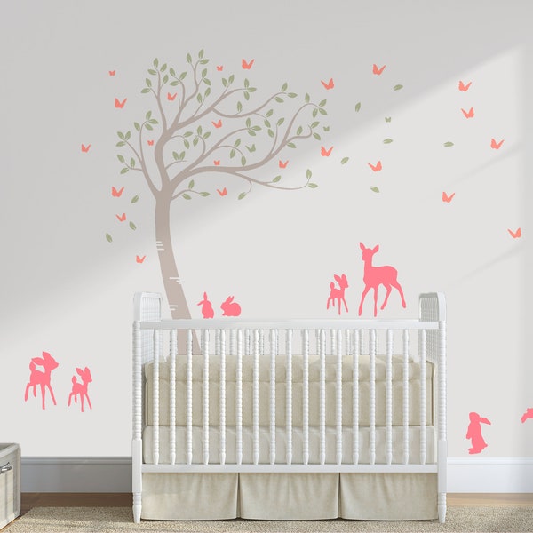 Medium Size Customisable Baby Deer and Bunny Rabbits Forest Tree. Nursery Wall Art Decal Sticker.