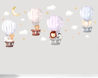Watercolor Safari Animals Hot Air Balloon Wall Decal Sticker