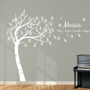 Muzieknotenboom op volledige grootte 'Speel Leer Creëer Inspireer'. Muur kunst sticker sticker. Perfect voor thuis, muziekleraren en scholen.
