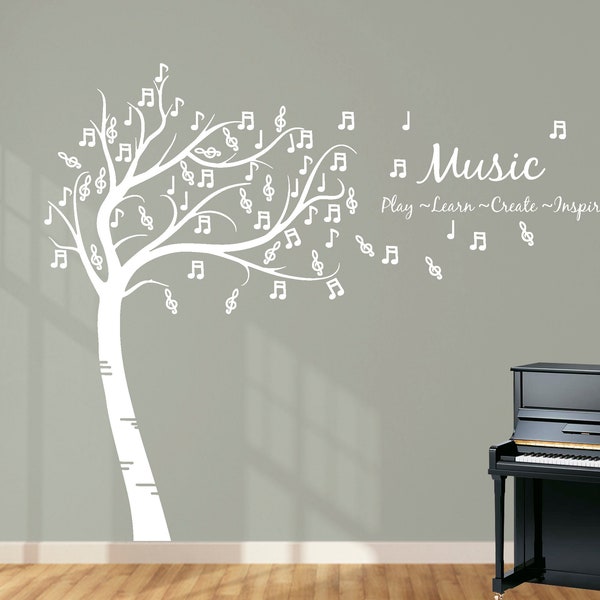 Árbol de notas musicales de tamaño completo 'Juega, aprende, crea, inspira'. Etiqueta engomada de la etiqueta del arte de la pared. Perfecto para hogares, profesores de música y escuelas.