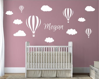 Quality Personalised Custom Childs Nursery Room Hot Air Balloons and Clouds. Matte Vinyl Wall Art Decal Stickers