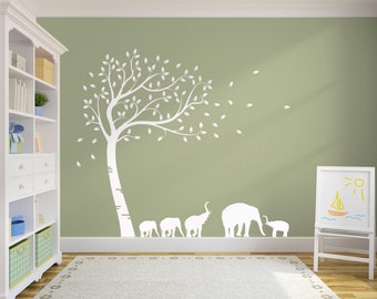 Large Full Size Customisable Beautiful Family Of Elephants Tree. Nursery Room Wall Art Decal Sticker. Custom Colours Available. Safari Decor