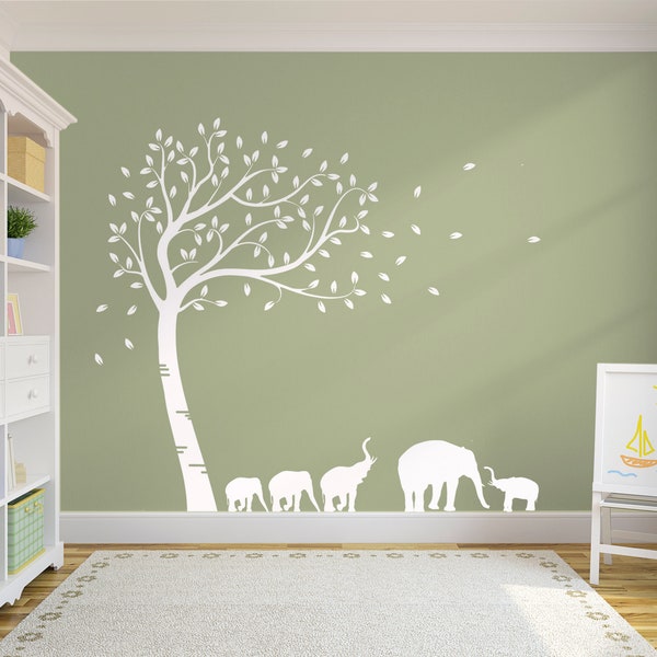 Large Full Size Customisable Beautiful Family Of Elephants Tree. Nursery Room Wall Art Decal Sticker. Custom Colours Available. Safari Decor