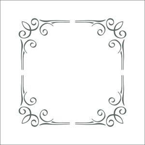May include: A square frame graphic composed of four separate corner pieces. Each corner features dark gray symmetrical scrollwork and flourishes that curve inward, creating an open-centered border design on a plain white background.