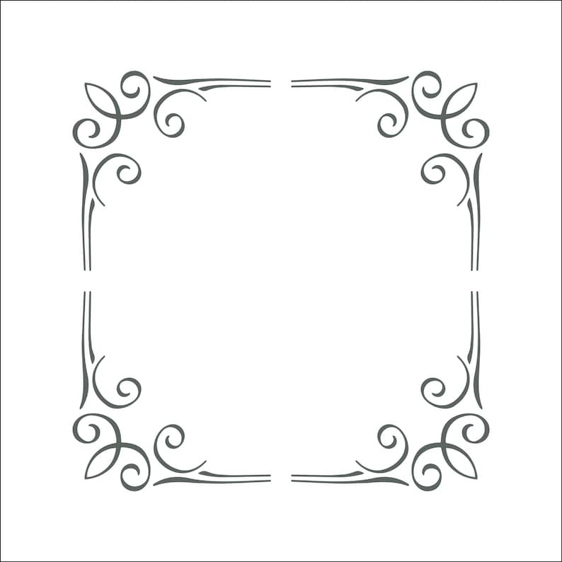 May include: A square frame graphic composed of four separate corner pieces. Each corner features dark gray symmetrical scrollwork and flourishes that curve inward, creating an open-centered border design on a plain white background.