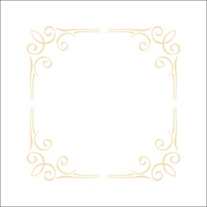 May include: A square frame graphic composed of four separate corner pieces. Each corner features light beige, symmetrical, swirling filigree scrollwork patterns that curve inward and outward, creating an open, decorative border design.