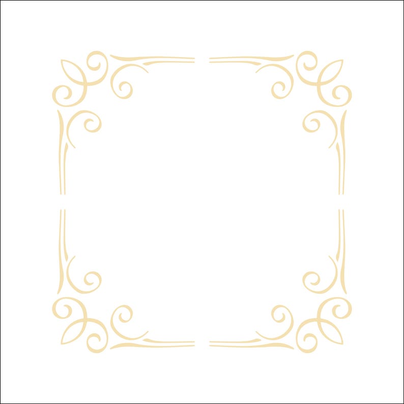 May include: A square frame graphic composed of four separate corner pieces. Each corner features light beige, symmetrical, swirling filigree scrollwork patterns that curve inward and outward, creating an open, decorative border design.
