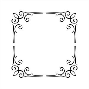May include: A square frame design composed of four separate corner pieces. Each corner features black, symmetrical, swirling scrollwork lines that extend outward to form the edges of a square border, leaving gaps in the center of each side.