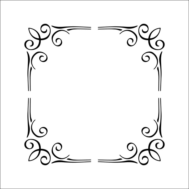 May include: A square frame design composed of four separate corner pieces. Each corner features black, symmetrical, swirling scrollwork lines that extend outward to form the edges of a square border, leaving gaps in the center of each side.