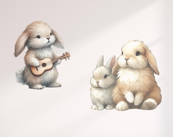 Nursery Room Wall Art Decal Stickers Musical Bunnies Watercolour Style. Peel & Stick