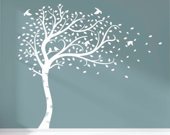 Autumn Tree Custom Wall Decal with Birds Personalized Removable Vinyl Wall Sticker