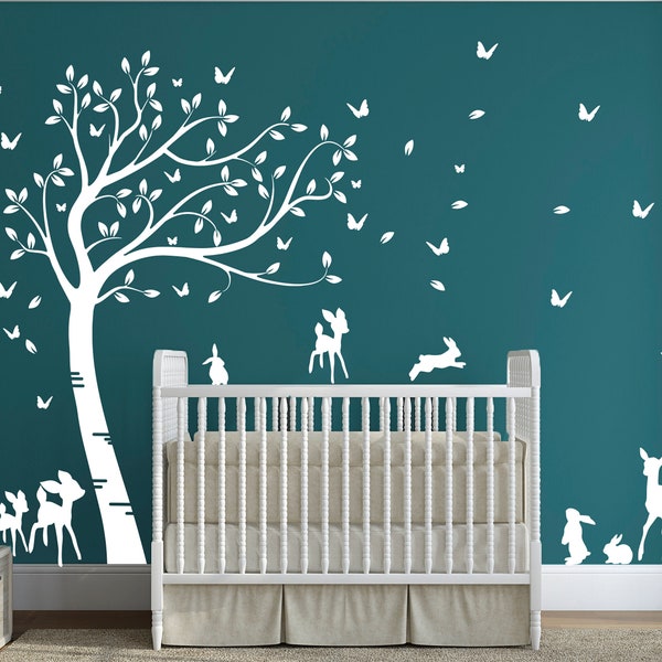 Large Full Size Customisable Baby Deer and Bunny Rabbits Forest Tree Nursery Room. Mural Wall Art Decal Sticker