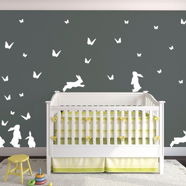 Top Quality Bunny and Butterflies Vinyl Matte Wall Art Decal Pack. Colour Options Available.