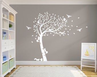 Large Full Size Customisable Squirrel Family & Birds Tree. Nursery Room Wall Art Decal Sticker. Custom Colours Available.