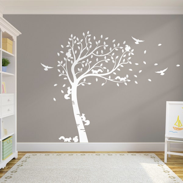 Large Full Size Customisable Squirrel Family & Birds Tree. Nursery Room Wall Art Decal Sticker. Custom Colours Available.