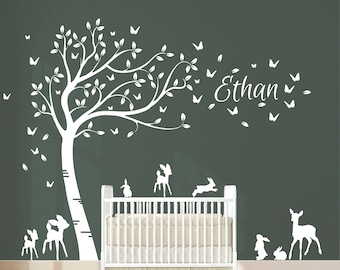 Personalised Name with Full Size Customisible Baby Deer and Bunny Rabbits Forest Tree Nursery Room Wall Decal Sticker. DD015