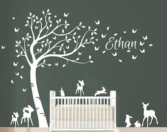 Personalised Full Size Large Customisable Baby Deer and Bunny Rabbits and Butterflies Forest Tree Nursery Room Wall Decal Sticker.