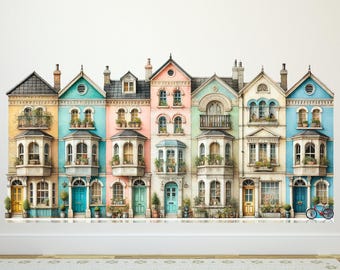 Vintage Row Houses Wall Decal: Colorful Nursery Decor