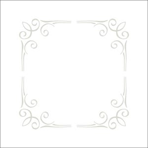 May include: A square frame design featuring light gray decorative scrollwork at each of the four corners. The pattern consists of symmetrical, elegant swirling lines that form an open border, set against a plain, solid white background.