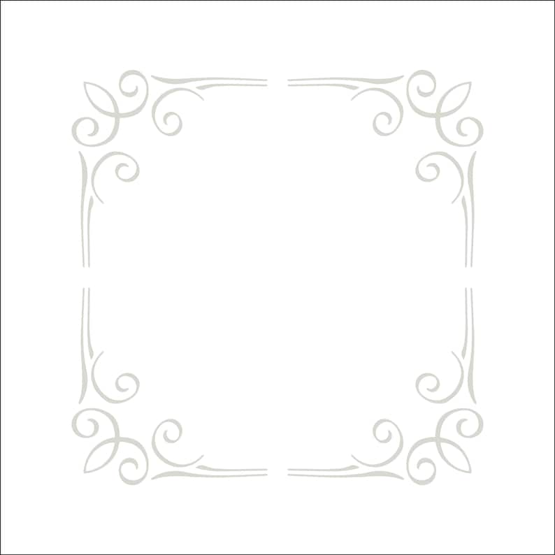 May include: A square frame design featuring light gray decorative scrollwork at each of the four corners. The pattern consists of symmetrical, elegant swirling lines that form an open border, set against a plain, solid white background.