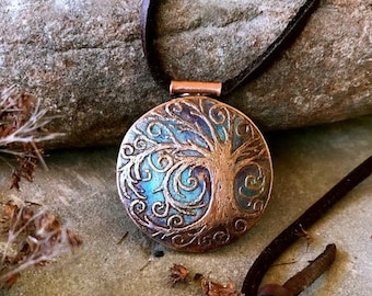 Sky Poem - Artisan Handcrafted Eco Friendly Etched Copper Pendant Leather Necklace