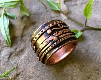 Wheels of Love - Handcrafted Artisan Eco-Friendly Rustic Boho Unisex Wide Copper Band Ring