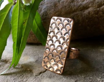Shine On - Artisan Eco friendly Copper Sunshine Stamped Statement Shield Ring