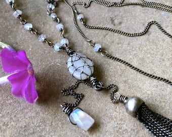 RESERVED - Dark Beauty - Artisan Jewelry Handmade Moonstone Sterling Silver Tassle Long Necklace