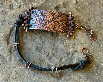 Wildflowers - Artisan Handcrafted Eco Friendly Etched Copper Leather Bracelet