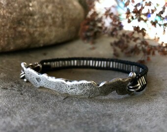 Dancer On The Edge - Artisan handcrafted Sterling Silver Black Leather Liquid Silver Bracelet