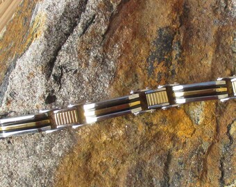 men's or unisex silver black and gold stripe classic link gourmette large size 8.3'' 90s modernist stainless steel bracelet