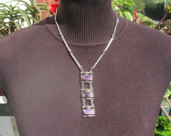 70s pendant necklace with genuine amethyst, silver tone metal MCM modernist