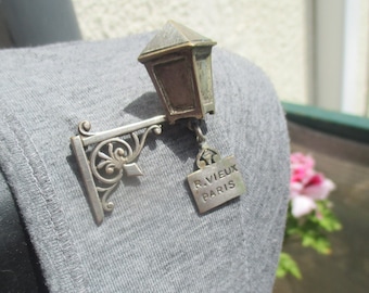 40s silver tone French brooch, Victorian style street lamp 'Rue Vieux Paris' dangle pin, patina and olde worlde charm