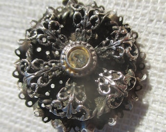 Solid silver filigree brooch, handmade flower shaped openwork pin, nice patina, tested, no hallmark