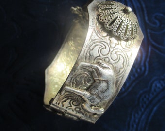 70s Berber bangle bracelet, magnificent artisan opening ornate silver tone, engraved with camels, Hand of Fatma and wirework domes