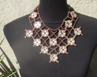 Vintage hill tribe bib necklace in mother of pearl MOP, woven string and glass seed beads, tribal ethnic artisan, Thailand? Handcrafted