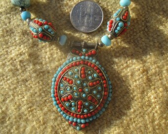 80s Tibetan or Indian faux coral and turquoise pendant necklace, cloisonne mini glass cabs, mixed media beads on long adjustable cord