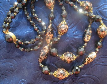 60s double strand Murano and French jet necklace, black with gold glitter, Made in France
