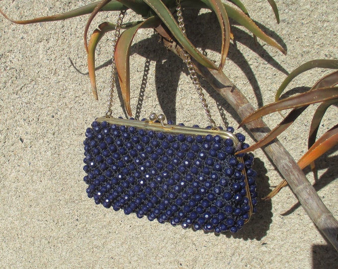 deep purple plastic beads on gold tone with chain mod mid century modern 60s 70s beaded purse