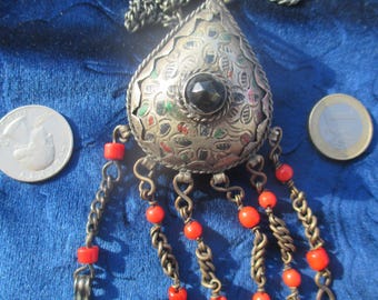 Heavy Amazigh / Moroccan amulet pendant with coin dangles, enamel and glass beads, deep patina, does not test as silver.
