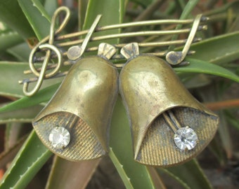 40s musical brass bell chimes, treble clef carillon with rhinestones, gorgeous deep patina, nice size, well loved, signed CGF, nice size