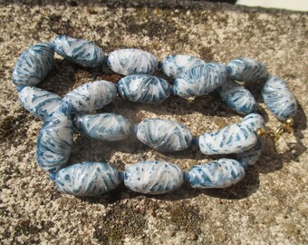 60s bead choker, Murano style hand worked blue and white artisan beads, hand knotted