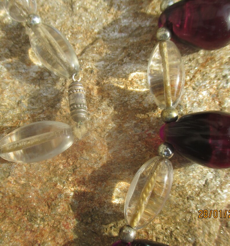 clear oval with translucid purple pendant choker Vintage glass drop necklace 1940s