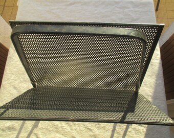 60s perforated metal magazine rack, MCM modernist industrial newspaper holder