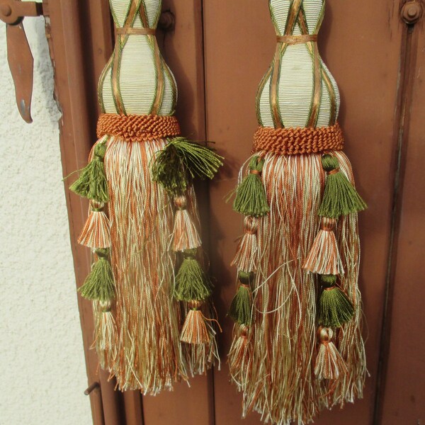 Huge gorgeous tassel tiebacks, unused pair, French haberdashery, pastel green, salmon pink and cream